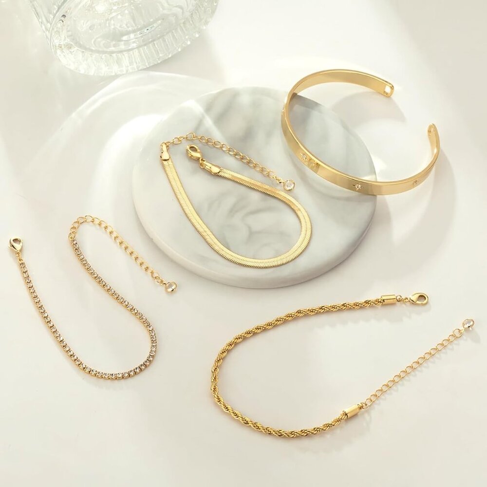 14k Gold Plated Stackable Bracelets Set - Adjusta… - image 6